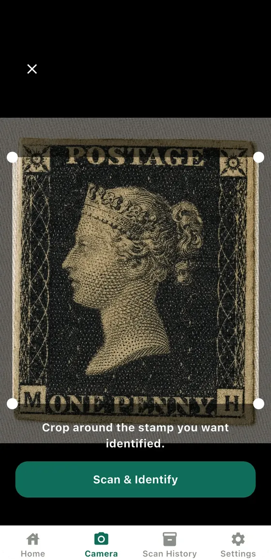 Stampo camera screen scanning a Penny Black, with a Scan & Identify button