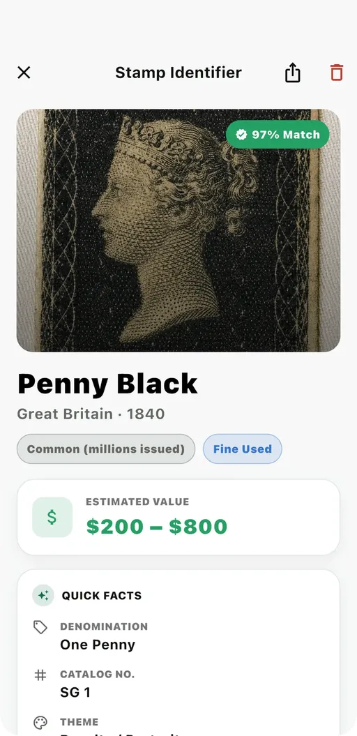 Stampo identifying a Penny Black from Great Britain, 1840, with a 97% match and an estimated value of $200 to $800