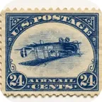 Inverted Jenny 1918 — US 24-cent airmail stamp with the Curtiss JN-4 biplane printed upside down