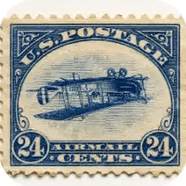 Inverted Jenny 1918 — US 24-cent airmail stamp with the Curtiss JN-4 biplane printed upside down
